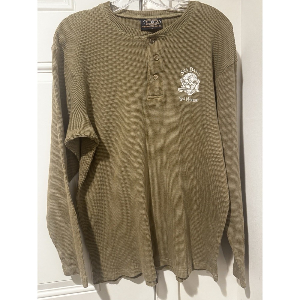 Vintage Sea Dog Brewing Co Men's green Thermal LS Shirt Sz L Bar Harbor Sea Dawg